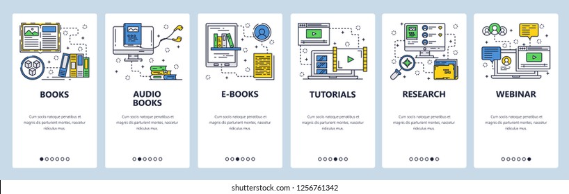 Vector web site linear art onboarding screens template. Electronic books, audio book and online tutorials. Menu banners for website and mobile app development. Modern design flat illustration
