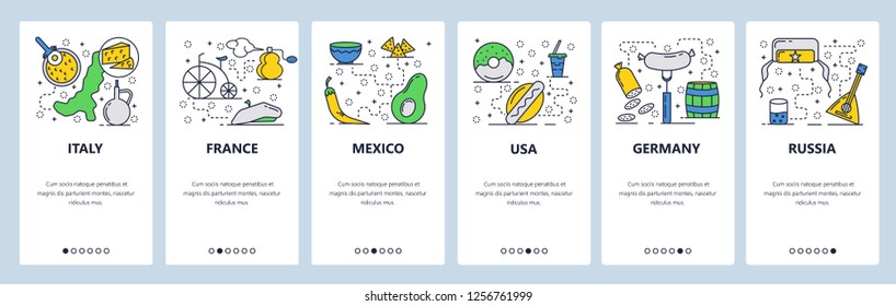 Vector web site linear art onboarding screens template. Toutist landmark and attractions in different countries. France, Italy, Russia, Germany, USA. Menu banners website and mobile app development