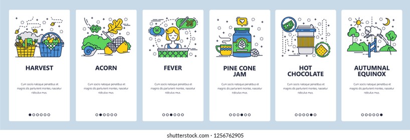 Vector web site linear art onboarding screens template. Crop harvest, flu and fever, hot chocolate. Menu banners for website and mobile app development. Modern design flat illustration