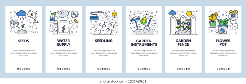 Vector web site linear art onboarding screens template. Agriculture, field plants and garden. Menu banners for website and mobile app development. Modern design flat illustration