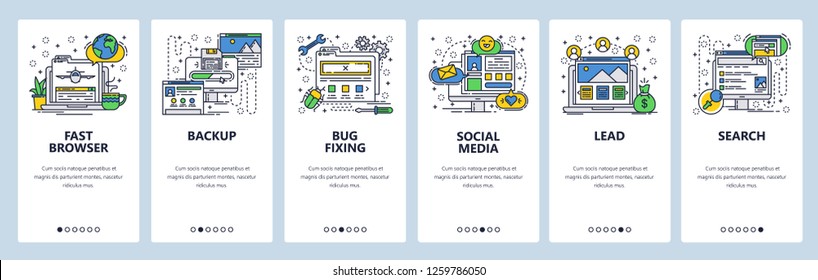 Vector web site linear art onboarding screens template. Social media network, surfing internet and computer data backup. Menu banners for website and mobile app development. Design flat illustration