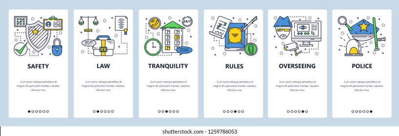 Vector Web Site Linear Art Onboarding Screens Template. Safety, Privacy And Security. Menu Banners For Website And Mobile App Development. Modern Design Flat Illustration