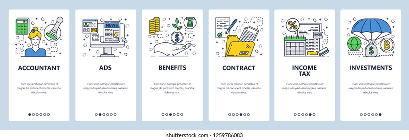 Vector web site linear art onboarding screens template. Accounting, income tax, money investment. Menu banners for website and mobile app development. Modern design flat illustration