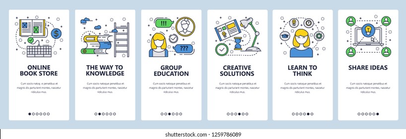 Vector web site linear art onboarding screens template. Education and knowledge, creative ideas and critical thinking. Menu banners for website and mobile app development. Design flat illustration