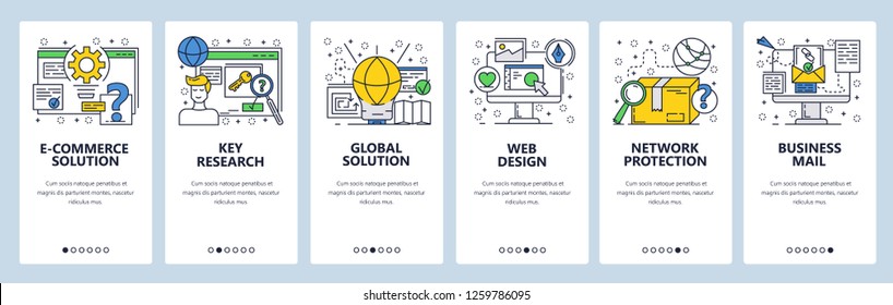 Vector web site linear art onboarding screens template. Business mail and global solutions. Menu banners for website and mobile app development. Modern design flat illustration