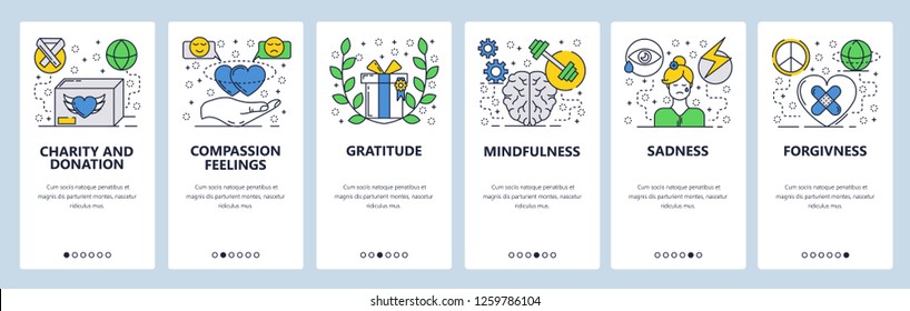 Vector web site linear art onboarding screens template. Human fellings, sadness, mindfulness, forgivness. Menu banners for website and mobile app development. Modern design flat illustration