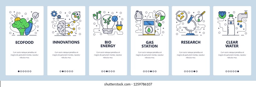 Vector web site linear art onboarding screens template. Organic food, ecology innovations, bio energy and clear water. Menu banners for website and mobile app development. Design flat illustration