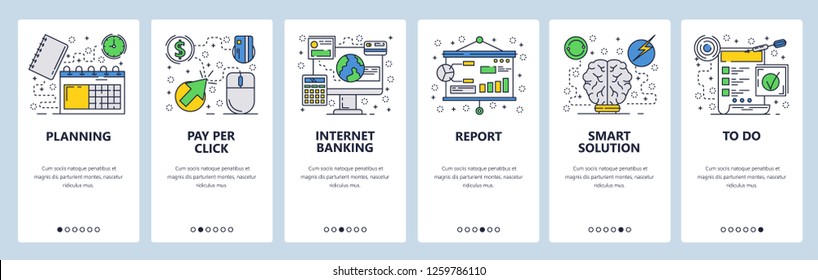 Vector web site linear art onboarding screens template. Online banking and pay per click advertising. Smart solutions. Menu banners for website and mobile app development. Design flat illustration