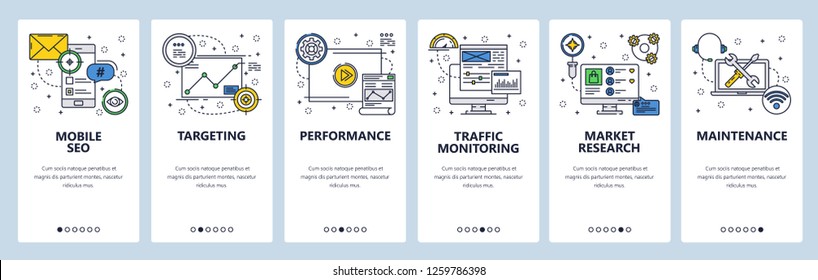 Vector web site linear art onboarding screens template. Mobile SEO and traffic analysis. Menu banners for website and mobile app development. Modern design flat illustration