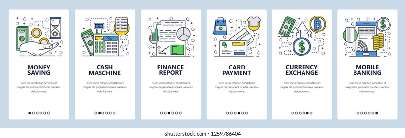 Vector web site linear art onboarding screens template. Mobile banking, credit card payment and curency exchange. Menu banners for website and mobile app development. Modern design flat illustration