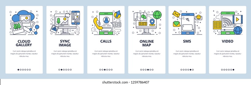 Vector web site linear art onboarding screens template. Mobile phone online services, cloud sync, calls, navigation map and messages. Menu banners for website and mobile app development