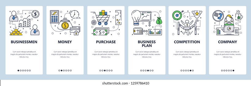 Vector web site linear art onboarding screens template. Business plan and company money flow. Menu banners for website and mobile app development. Modern design flat illustration