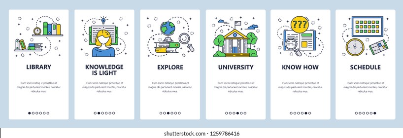 Vector web site linear art onboarding screens template. Education and knowledge. University college building, library, books. Menu banners website and mobile app development. Design flat illustration