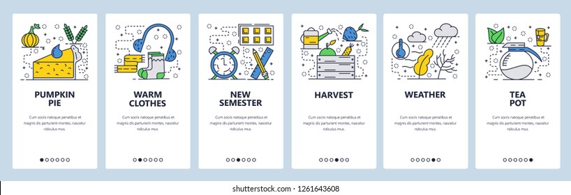 Vector Web Site Linear Art Onboarding Screens Template. Harvest, College Semester, Pumpkin Pie, Weather. Menu Banners For Website And Mobile App Development. Modern Design Flat Illustration