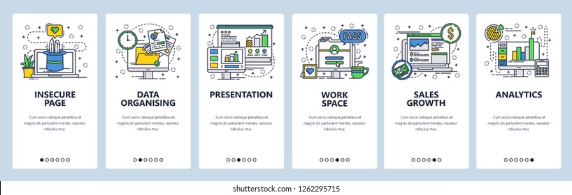 Vector web site linear art onboarding screens template. Business analytics and financial report presentation with charts. Menu banners for website and mobile app development. Design flat illustration