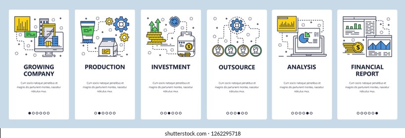 Vector web site linear art onboarding screens template. Business and money investment. Financial report and charts. Menu banners for website and mobile app development. Modern design flat illustration
