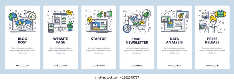 Vector Web Site Linear Art Onboarding Screens Template. Startup Launch, Online Blog Post, Email Newsletter, Data Analysis. Menu Banners For Website And Mobile App Development. Design Flat Illustration