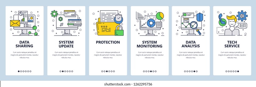 Vector web site linear art onboarding screens template. Computer services data update, analysis and sharing. Menu banners for website and mobile app development. Modern design flat illustration