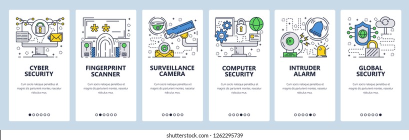 Vector web site linear art onboarding screens template. Internet cyber security, fingerprint secure login, surveillance camera. Menu banners website mobile app development. Design flat  illustration