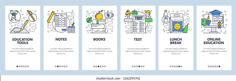 Plantilla de pantalla de visionado de arte lineal en el sitio web de vectores. Educación en línea y libros escolares, prueba, descanso para el almuerzo. Banners de menú para el desarrollo de sitios web y aplicaciones móviles. Ilustración plana de diseño moderno