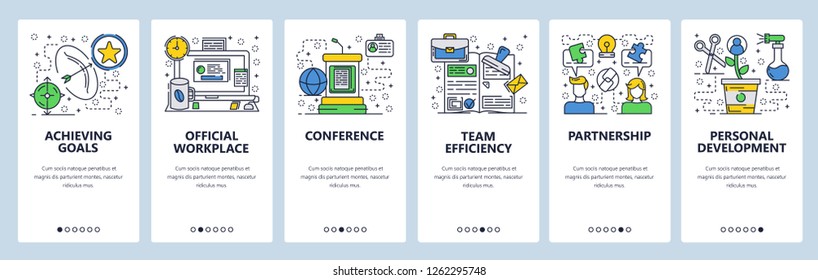 Vector web site linear art onboarding screens template. Business golas, office computer and desk, conference. Menu banners for website and mobile app development. Modern design flat illustration