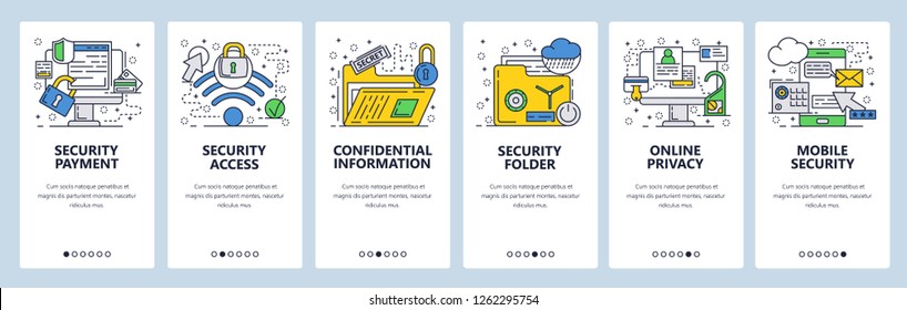 Vector web site linear art onboarding screens template. Cyber security, privacy and secure wireless access. Confidential and secret information. Menu banners for website and mobile app development.