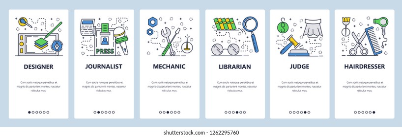 Vector web site linear art onboarding screens template. Different job and professions. Designer, mechanic, judge, journalist. Menu banners website and mobile app development. Design flat illustration