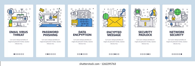 Vector Web Site Linear Art Onboarding Screens Template. Internet Cyber Security, Email Scam. Virus Protection, Data Encryption. Menu Banners Website Mobile App Development. Design Flat Illustration