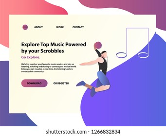 Vector web site linear art design template. Landing page concepts for website and mobile development. Modern flat illustration. Sport basketball plays ball and listens to music. 