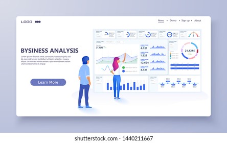 Vector web site linear art design template. Finance charts and diagrams. Modern flat design concept of Data Analysis for website and mobile website. Landing page template. Easy to edit and customize. 