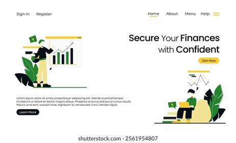 Vector web site linear art design template. Business team do data analysis using finance chart and dashboard. Landing page concepts for website and mobile development. Modern flat illustration.