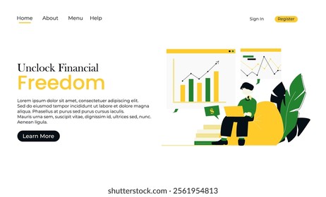 Vector web site linear art design template. Business team do data analysis using finance chart and dashboard. Landing page concepts for website and mobile development. Modern flat illustration.