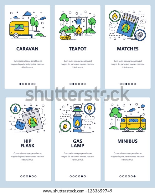 Vector web site linear art\
onboarding screens template. Outdoor camping and travel by camper\
caravan car. Menu banners for website and mobile app\
development.