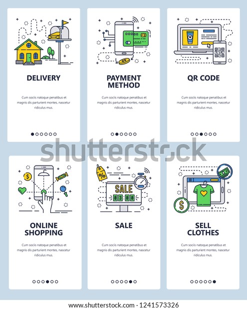 Vector web site linear art onboarding screens\
template. Online shopping and season sales. QR code confirmation,\
internet payments and delivery. Menu banners for website and mobile\
app development