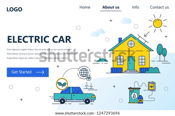 Vector web site\
linear art design template. Electric car and solar panel power\
source. Landing page concepts for website and mobile development.\
Modern flat\
illustration