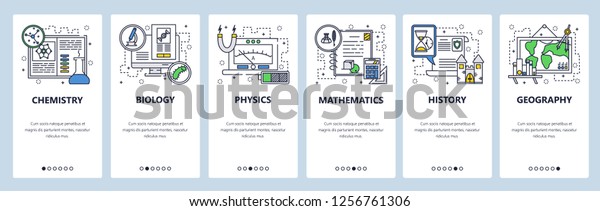 Vector web site linear art onboarding\
screens template. School education, chemistry, math, physics,\
biology, history, geography. Menu banners for website mobile app\
development. Design\
illustration