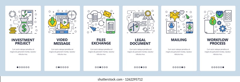 Vector web site linear onboarding screens template. Files exchange, video messaging. Business workflow, investment, legal documents. Menu banners website mobile app development. Design illustration