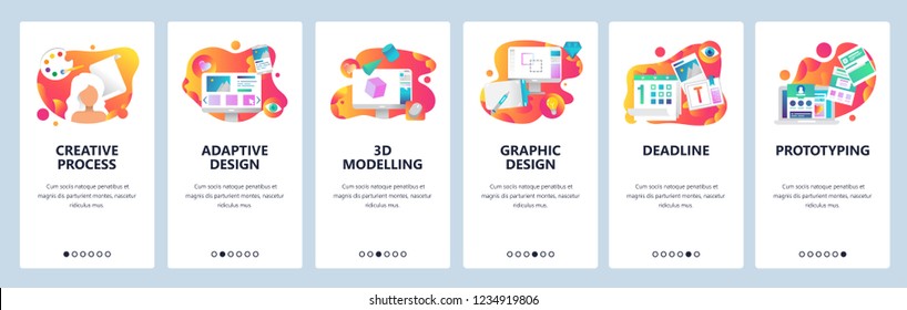 Vector web site onboarding screens gradient template. Graphic design, prototyping, creative artist and 3d modelling. Menu banners for website and mobile app development. Design flat illustration