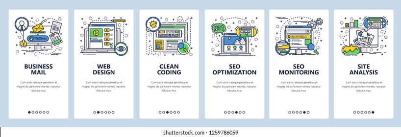 Vector web site onboarding screens template. Online digital marketing and SEO optimization. Business, web design, coding. Menu banners for website and mobile app development. Design flat illustration