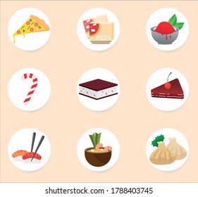 Plantilla de pantalla de internado del sitio web de vectores. Juego de iconos de comida. Banners de menú para el desarrollo de sitios web y aplicaciones móviles.