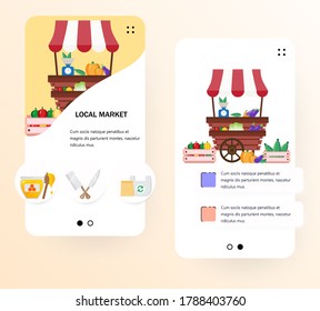 Vector web site onboarding screens template.Local market, fruits, vegetables. Menu banners for website and mobile app development.