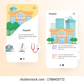 Plantilla de pantalla de internado del sitio web de vectores. Hospital. Banners de menú para el desarrollo de sitios web y aplicaciones móviles.