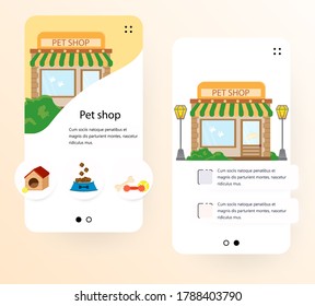 Vector web site onboarding screens template. Pet shop. Menu banners for website and mobile app development.