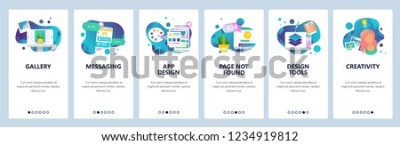 Vector web site onboarding screens template. Design creative tools and software. Mobile online Messaging app and Page not found error. Menu banners for website and mobile app development.