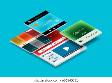 Vector web site page design development concept, isometric 3d semi flat style