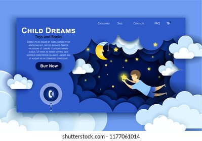 Vector web site paper art design template. Child touching the stars in the sky. Kids dream. Landing page illustration concepts for website and mobile development. 