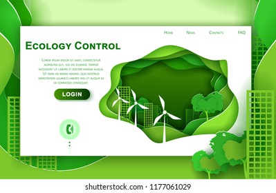 Vector web site paper art design template for eco city concept. Green town with wind power turbines. Landing page illustration for website and mobile development. Paper cut origami style.