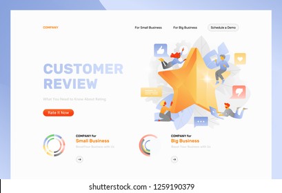 Vector web site template with "Customer review" headline and modern illustration with tiny people. Feedback or rating concept. 