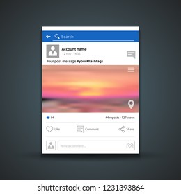 vector web social networks post message mock up with account icon, like, search, share, photo, comment, settings menu, geolocation realistic illustration design template isolated on dark background