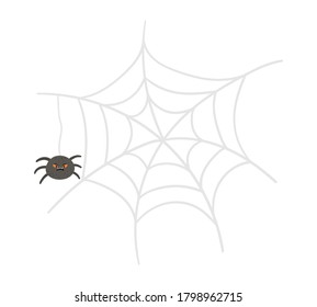 Vector web and spider with orange eyes. Halloween character icon. Cute autumn all saints eve illustration with scary black insect. Samhain party sign design for kids. 
